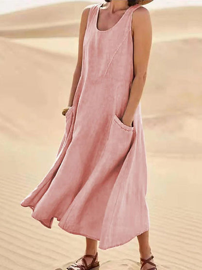 Damen-Casual-Eleganz-Midikleid aus Baumwolle ohne Ärmel