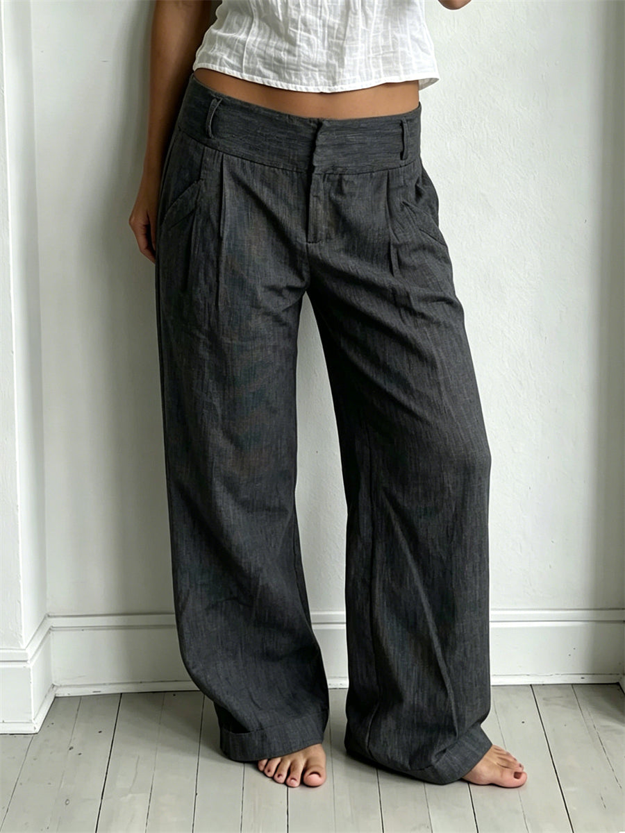 Damenhose aus Leinen mit eingekniffenen Details, schlicht, niedriger Bund, weite Beine