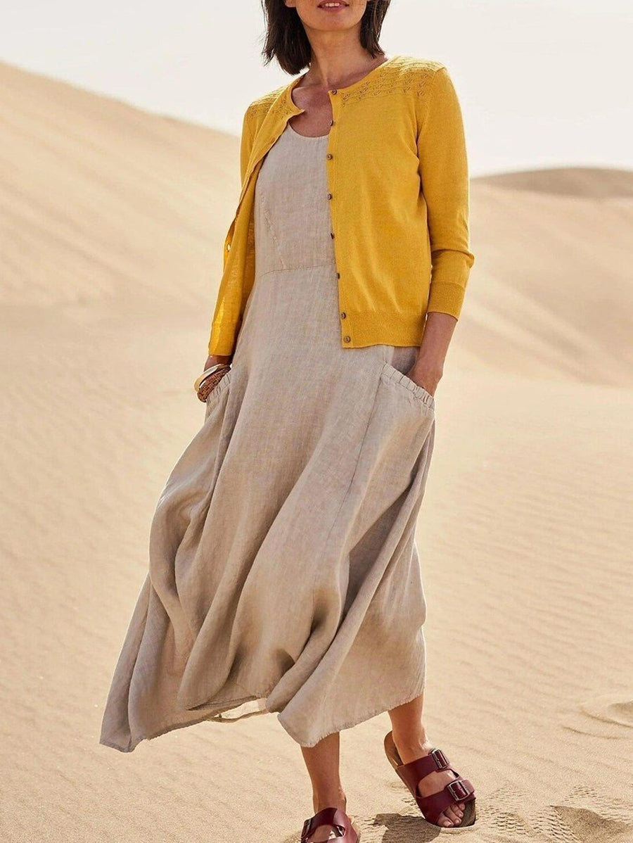 Damen-Casual-Eleganz-Midikleid aus Baumwolle ohne Ärmel
