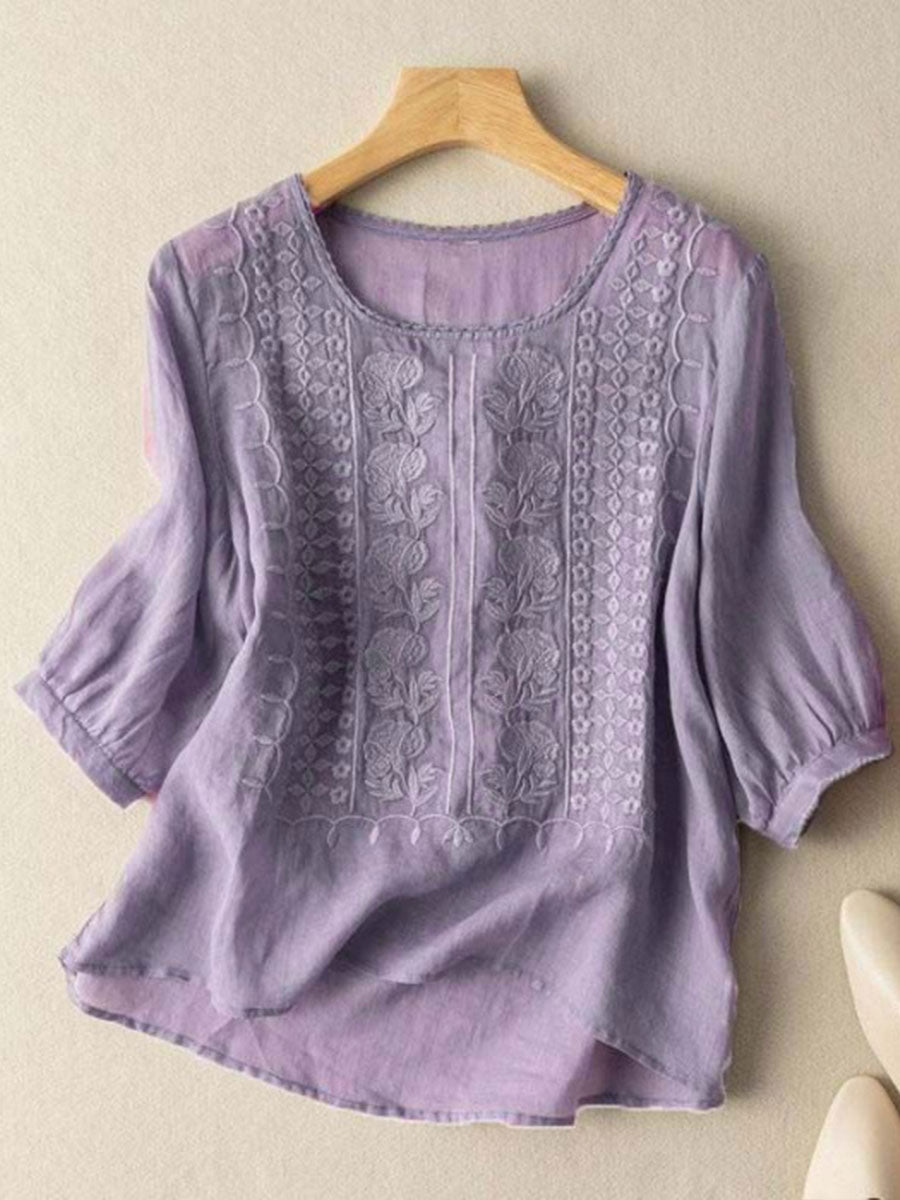 Damen-Floral-T-Shirt aus Baumwolle und Leinen für den Alltag