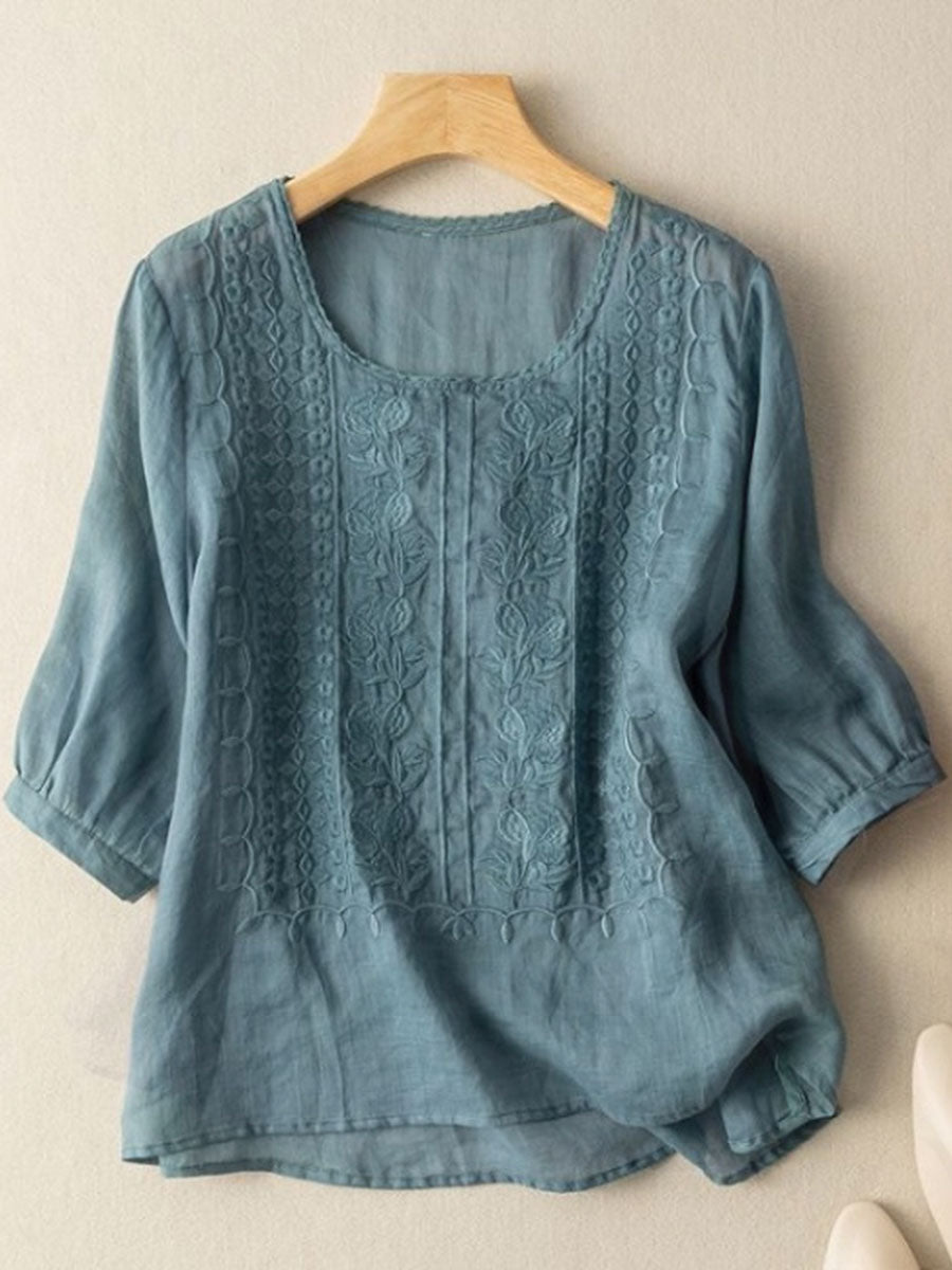 Damen-Floral-T-Shirt aus Baumwolle und Leinen für den Alltag