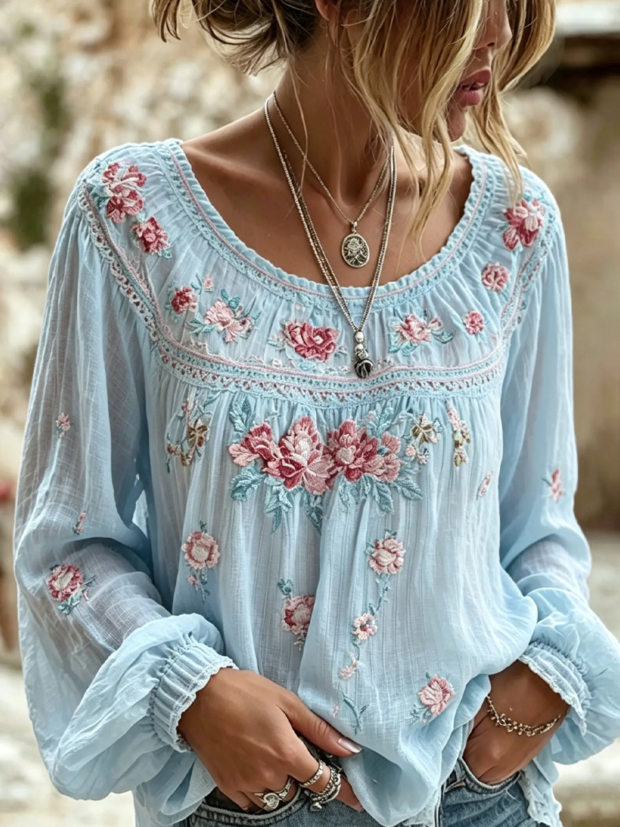 Damen-Top aus Baumwolle-Leinen im Vintage-Stil mit floraler Kunstprint-Optik