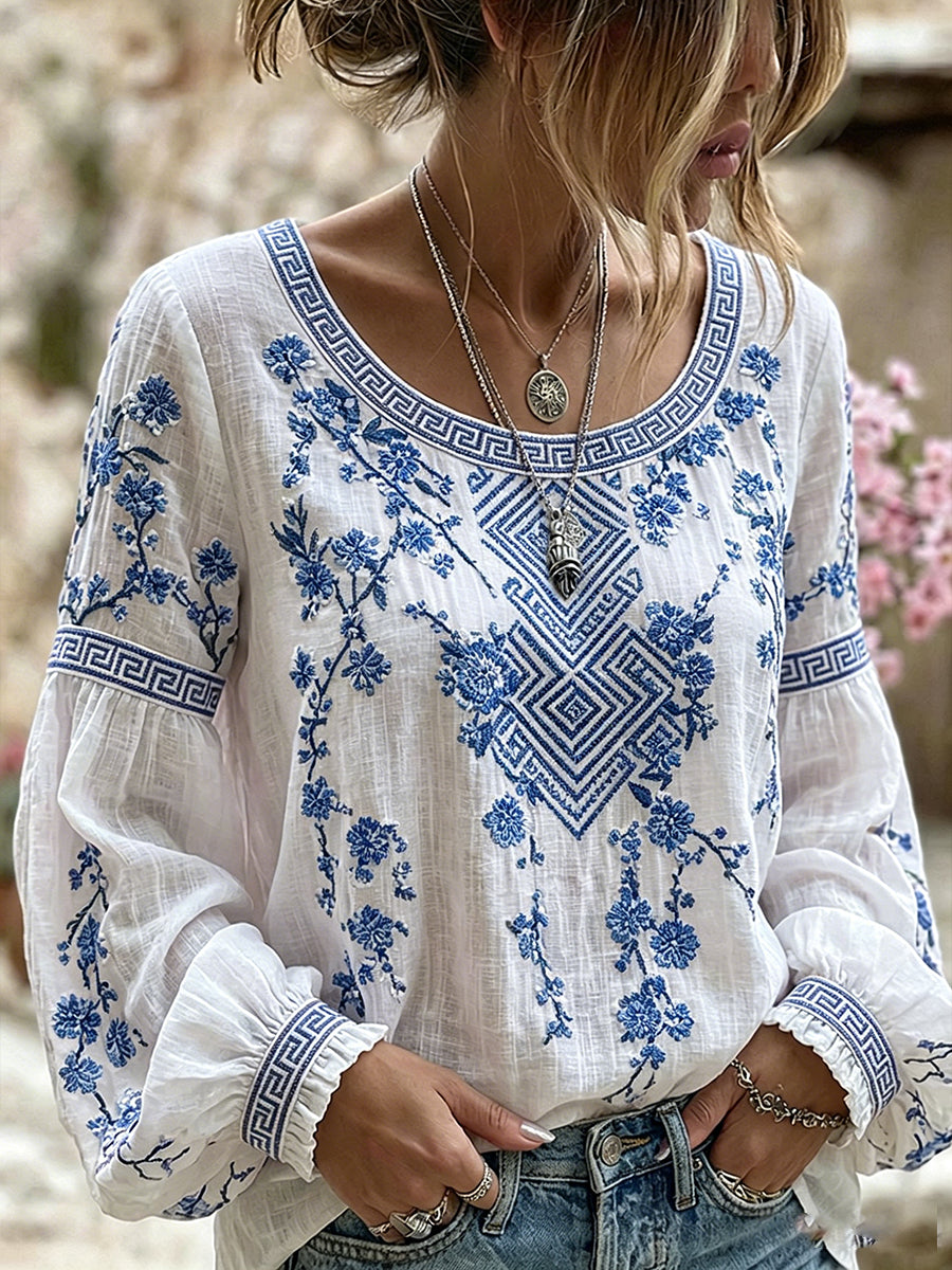 Damen-Top aus Baumwolle-Leinen im Vintage-Stil mit floraler Kunstprint-Optik