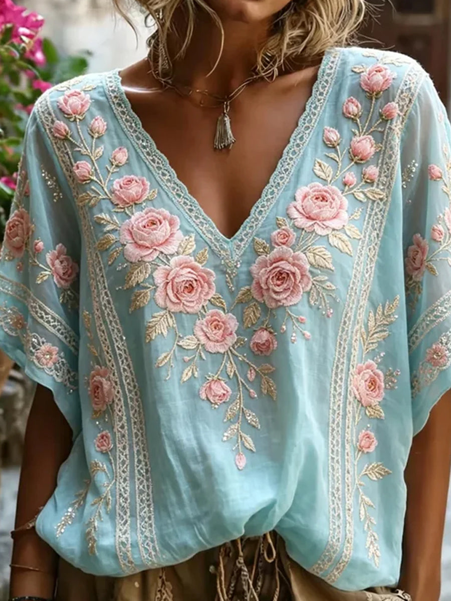 Damen-Top aus Baumwolle-Leinen im Vintage-Stil mit floraler Kunstprint-Optik
