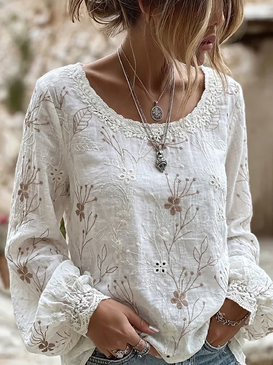 Damen-Top aus Baumwolle-Leinen im Vintage-Stil mit floraler Kunstprint-Optik