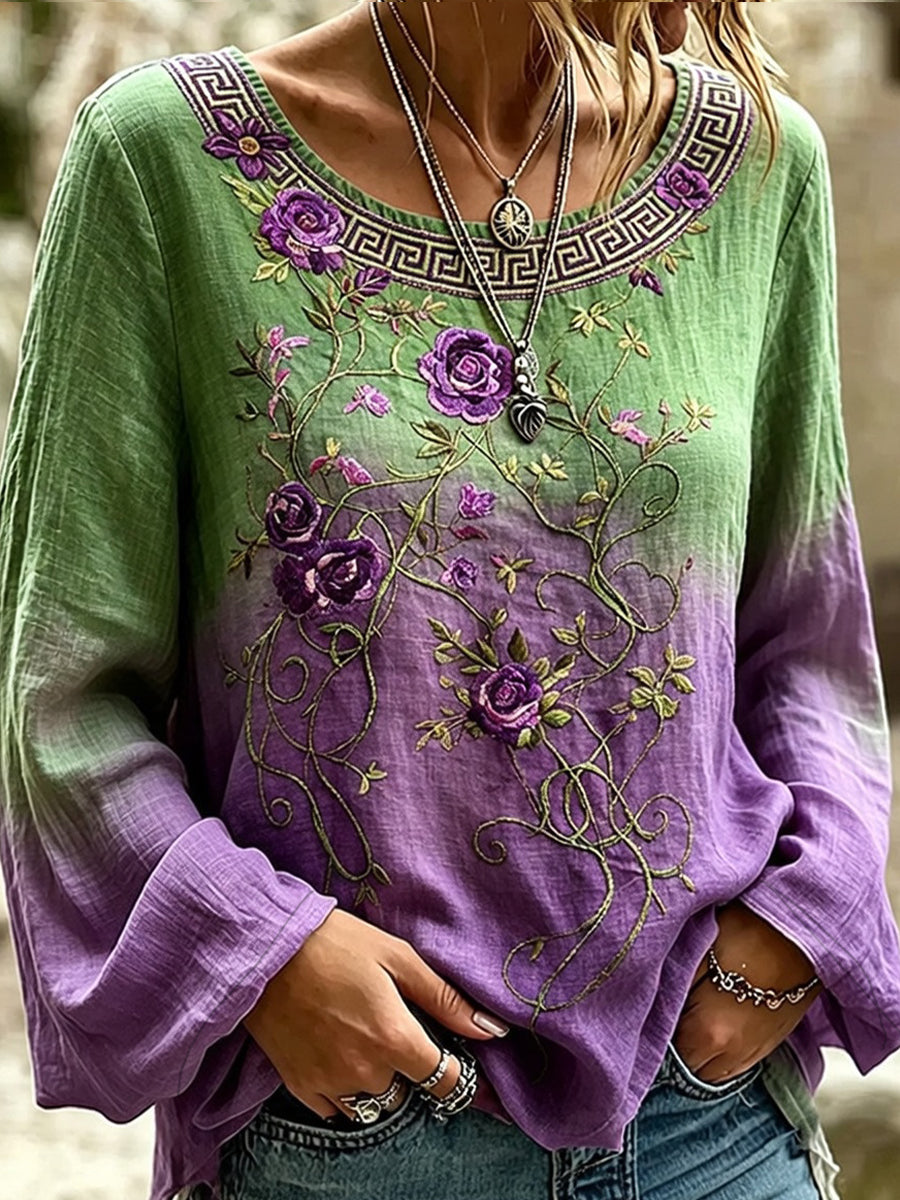 Damen-Top aus Baumwolle-Leinen im Vintage-Stil mit floraler Kunstprint-Optik