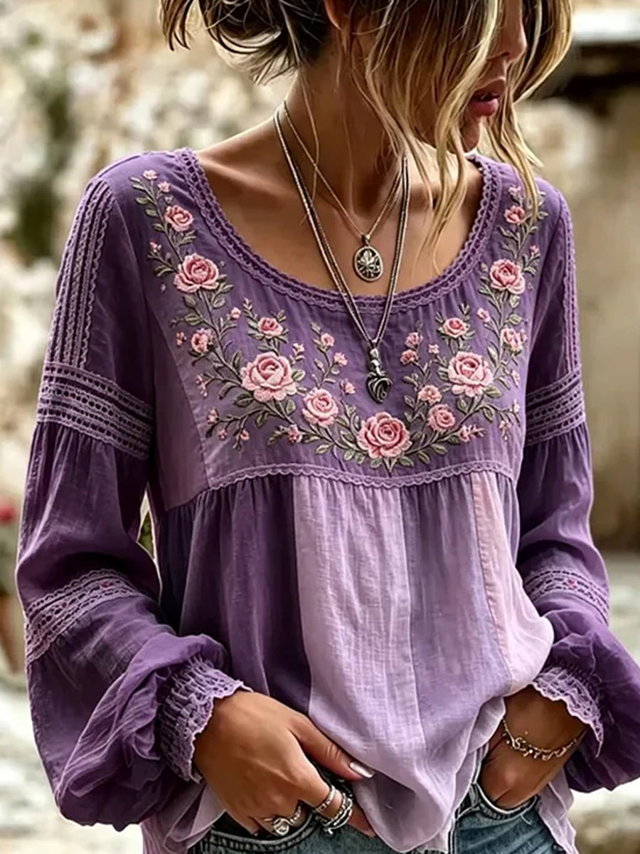 Retro-Blumenkunstdruck lässiges Baumwoll-Leinen-Top