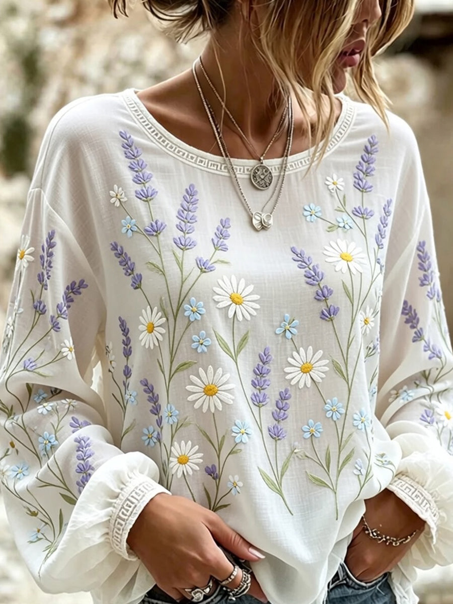 Damen-Top aus Baumwolle-Leinen im Vintage-Stil mit floraler Kunstprint-Optik