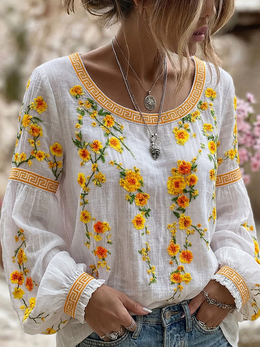 Damen-Top aus Baumwolle-Leinen im Vintage-Stil mit floraler Kunstprint-Optik