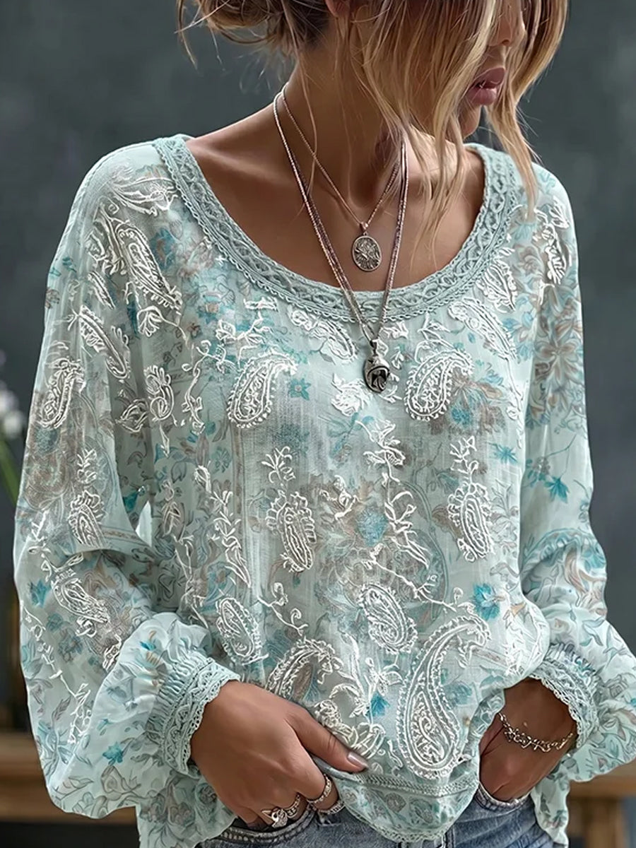 Damen-Top aus Baumwolle-Leinen im Vintage-Stil mit floraler Kunstprint-Optik