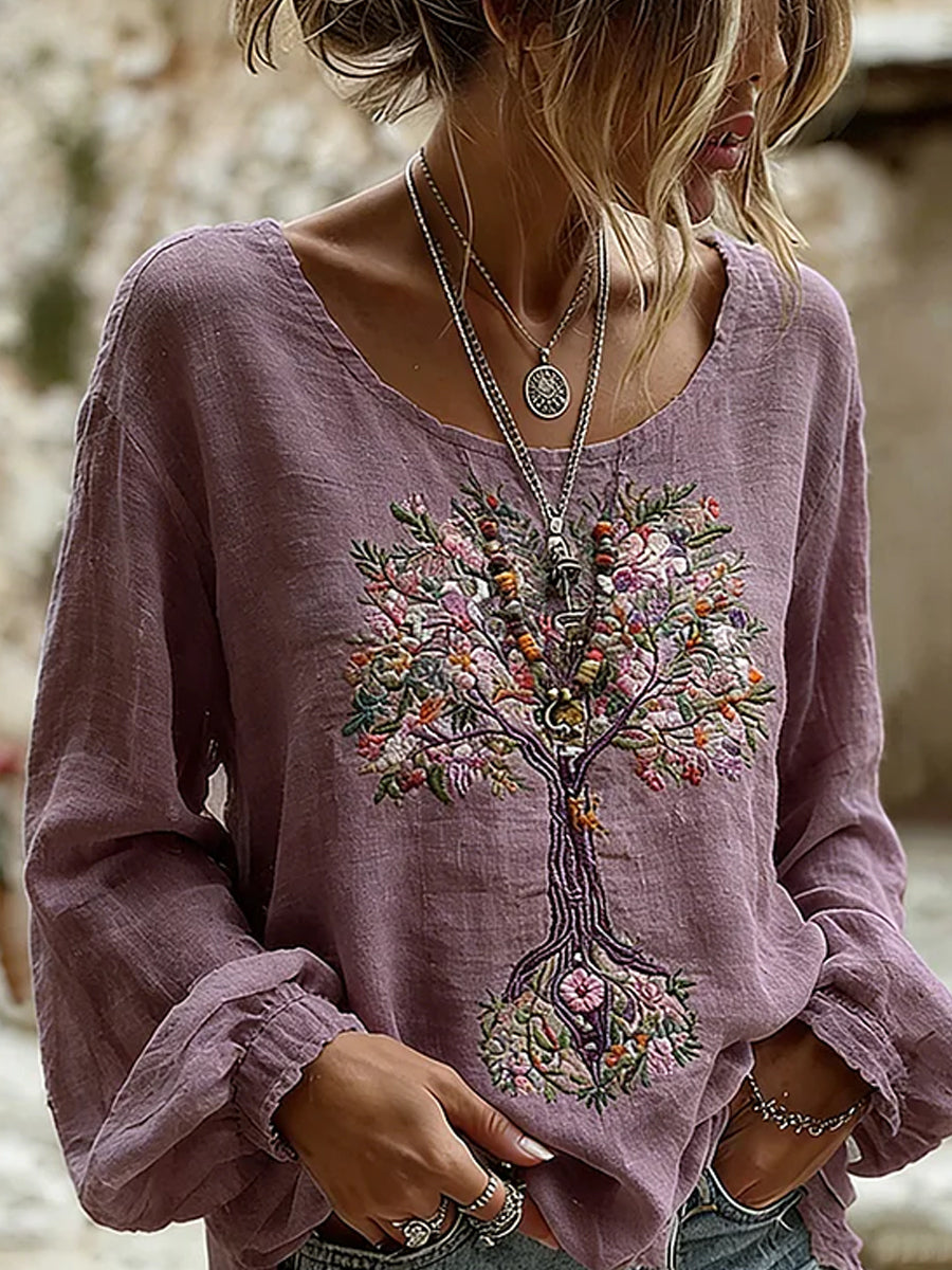 Damen-Top aus Baumwolle-Leinen im Vintage-Stil mit floraler Kunstprint-Optik