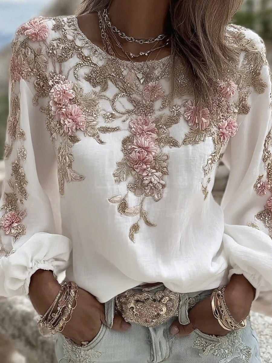 Damen-Top aus Baumwolle-Leinen im Vintage-Stil mit floraler Kunstprint-Optik