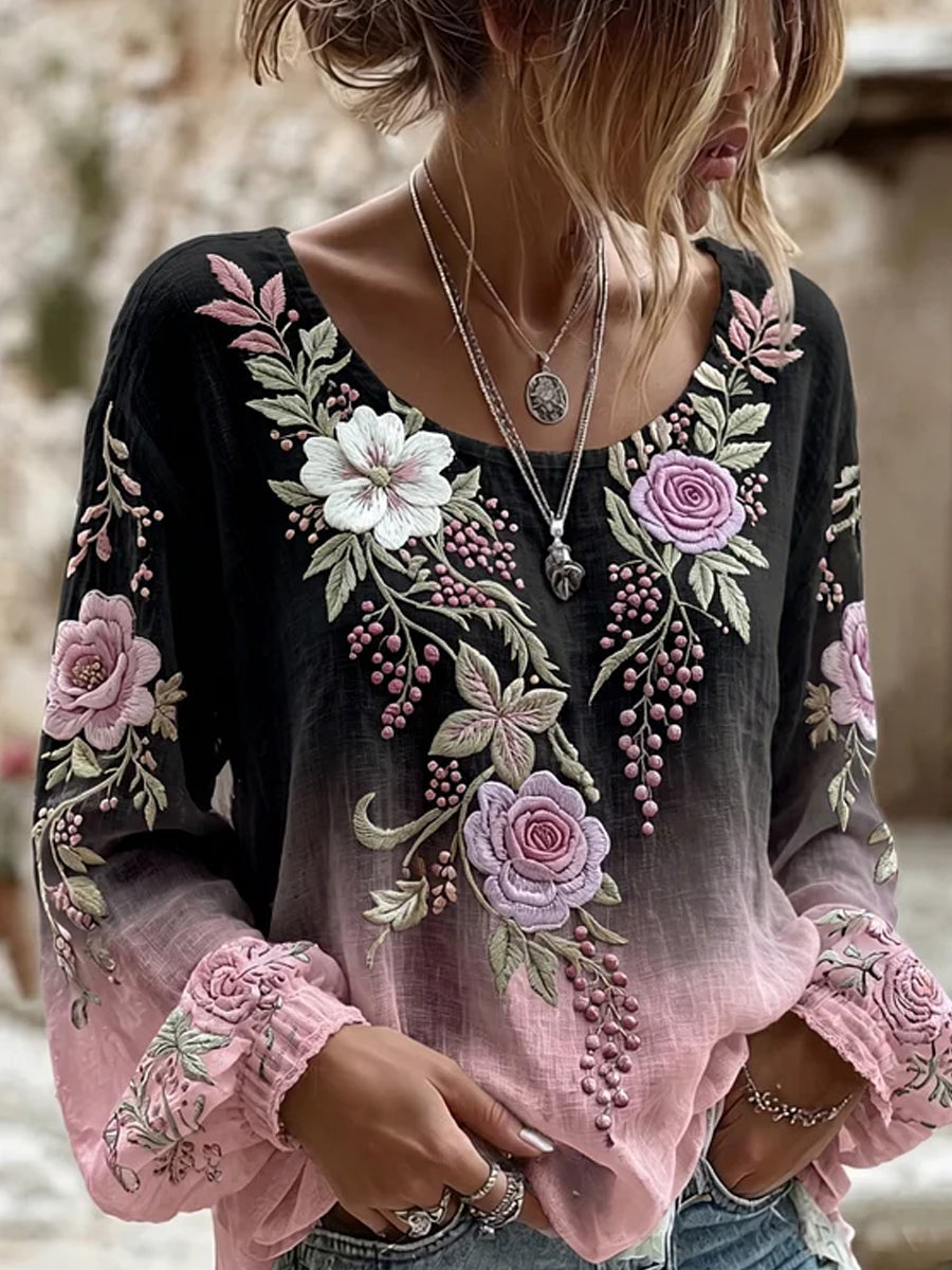 Retro-Blumenkunstdruck lässiges Baumwoll-Leinen-Top