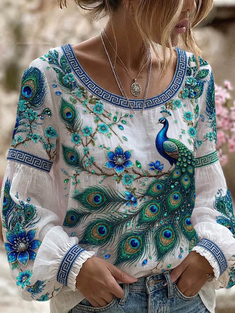 Damen-Top aus Baumwolle-Leinen im Vintage-Stil mit floraler Kunstprint-Optik
