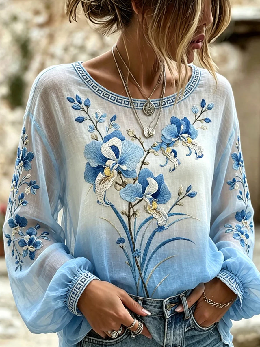 Damen-Top im Vintage-Stil aus Baumwolle und Leinen, mit bestickten Blumen und bedrucktem Patchwork