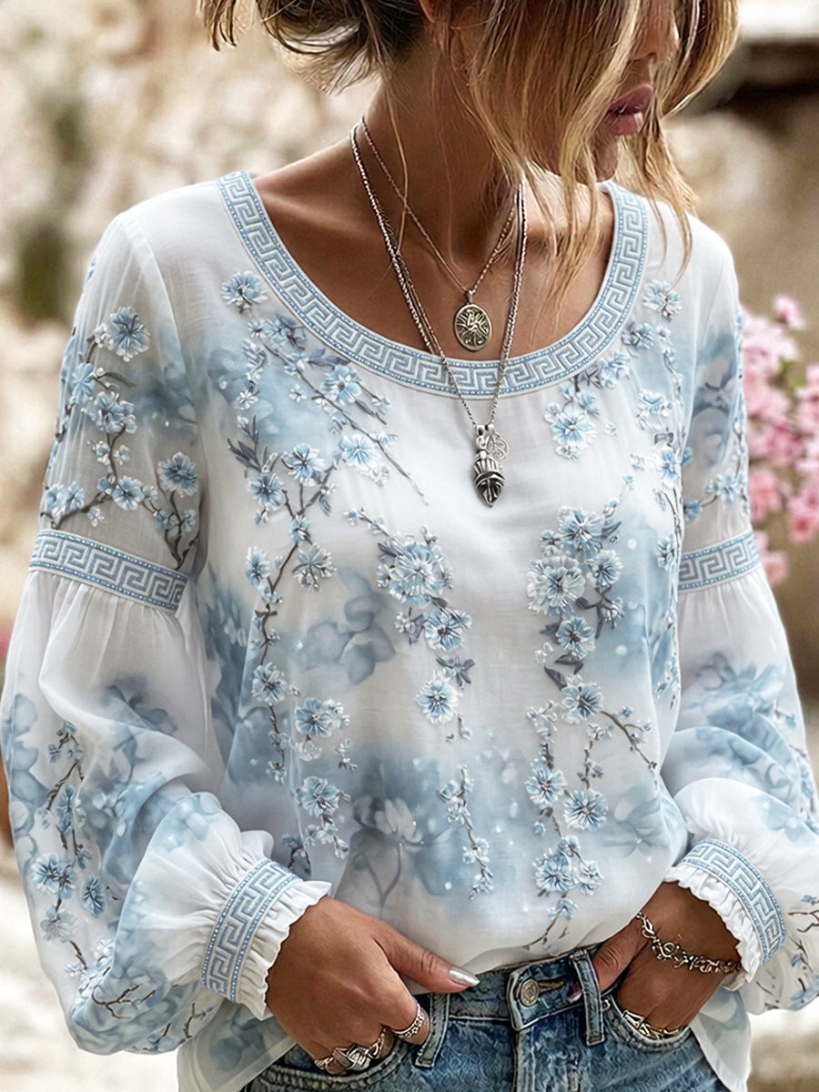 Damen-Top aus Baumwolle-Leinen im Vintage-Stil mit floraler Kunstprint-Optik