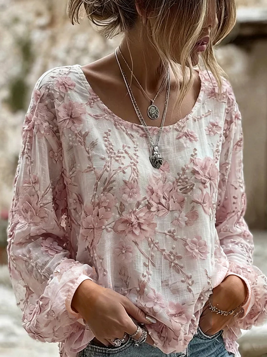 Damen-Top aus Baumwolle-Leinen im Vintage-Stil mit floraler Kunstprint-Optik