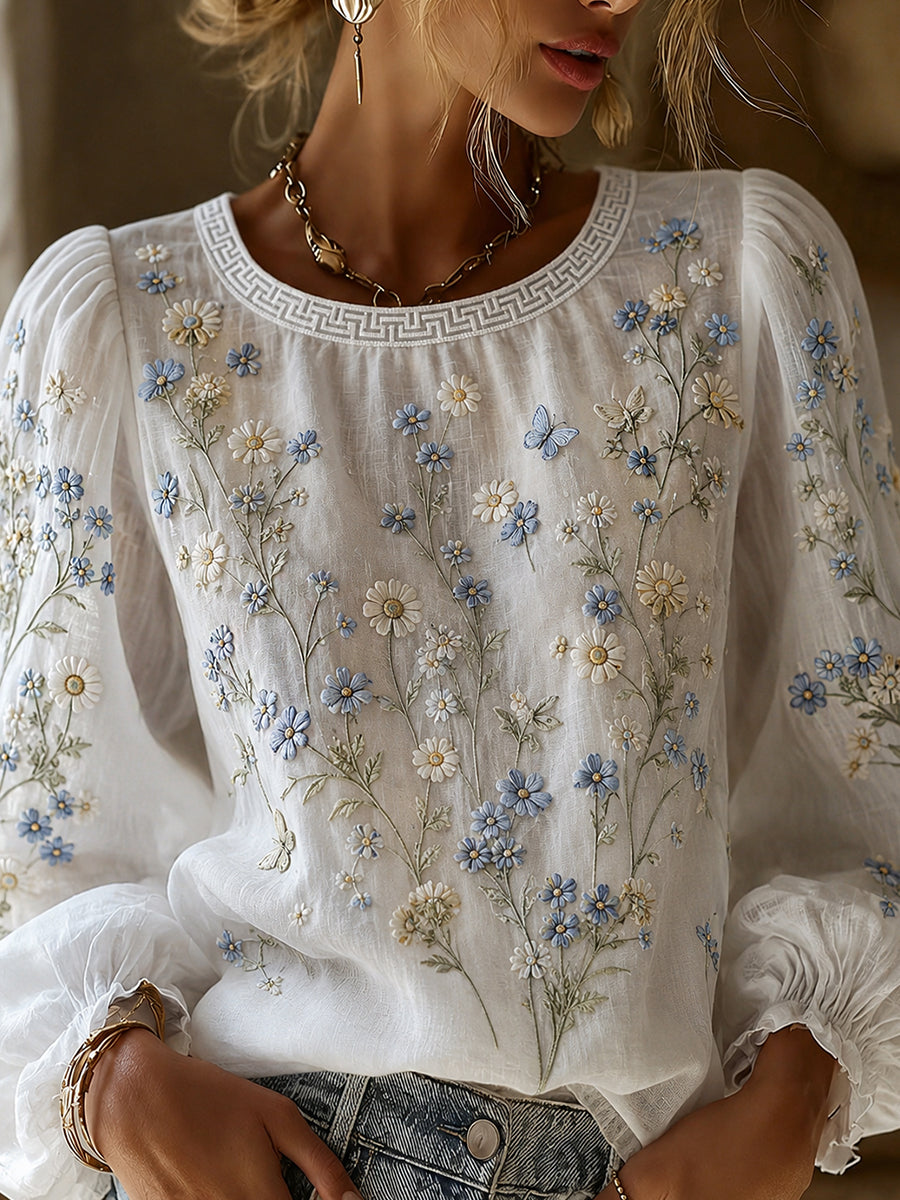 Damen-Top aus Baumwolle-Leinen im Vintage-Stil mit floraler Kunstprint-Optik