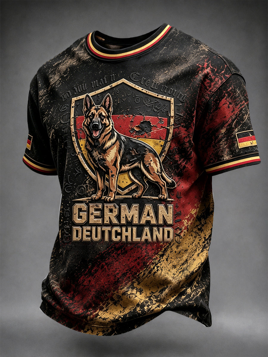 Herren Schwarzer Deutscher Schäferhund Retro Print Casual T-Shirt