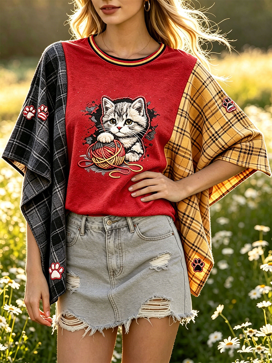 Damen Deutschland Niedliche Katze Retro Geprüft Patchwork Print Casual Batwing Ärmel T-Shirt