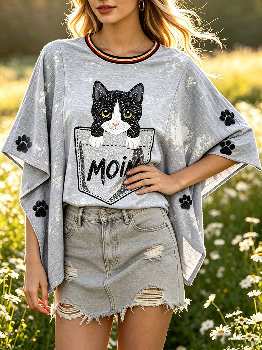 Frauen graues T-Shirt mit Batwing-Ärmel im deutschen Stil mit süßem Katzen druck lässig