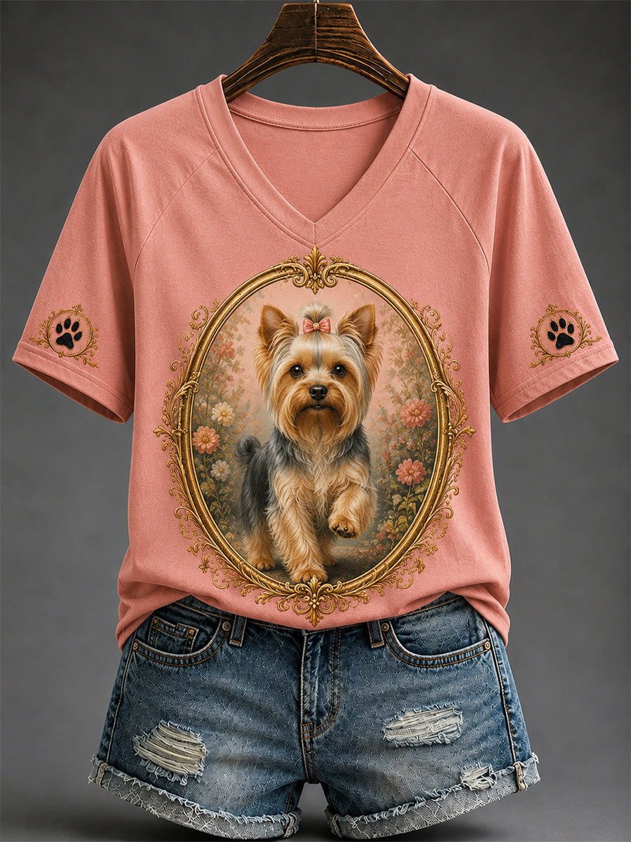 Damen-Retro-T-Shirt mit Hunde-Print und V-Ausschnitt für den Alltag
