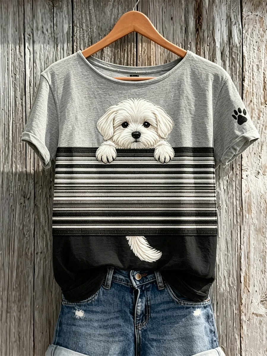 Damen-T-Shirt mit Farbblock-Print und aus dem Ärmel hervorlugendem Malteser-Hund, kurzärmelig