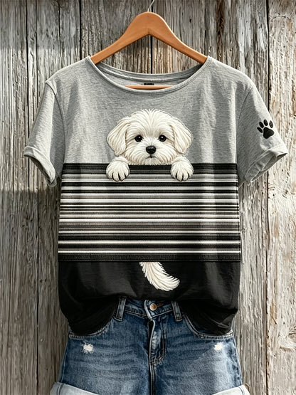 Damen-T-Shirt mit Farbblock-Print und aus dem Ärmel hervorlugendem Malteser-Hund, kurzärmelig