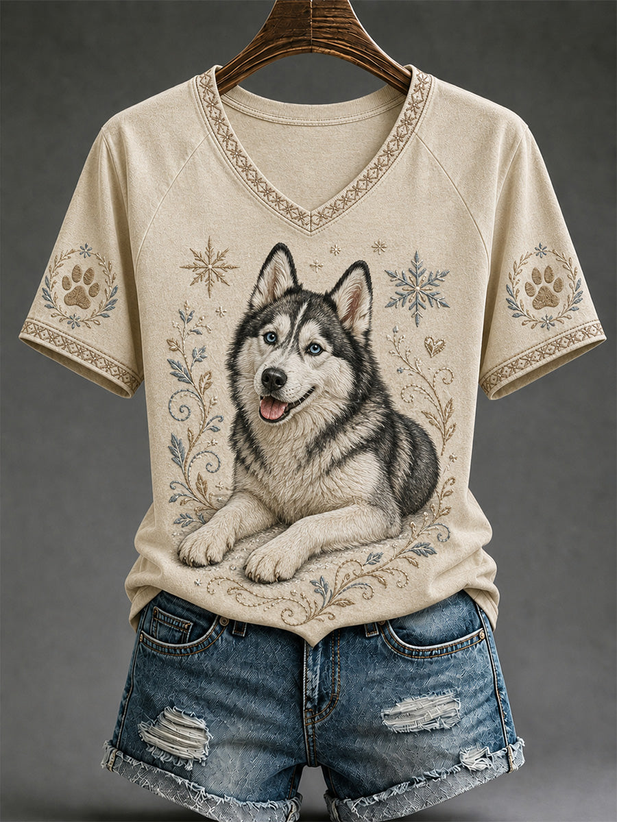 Damen-Retro-T-Shirt mit Hunde-Print und V-Ausschnitt für den Alltag