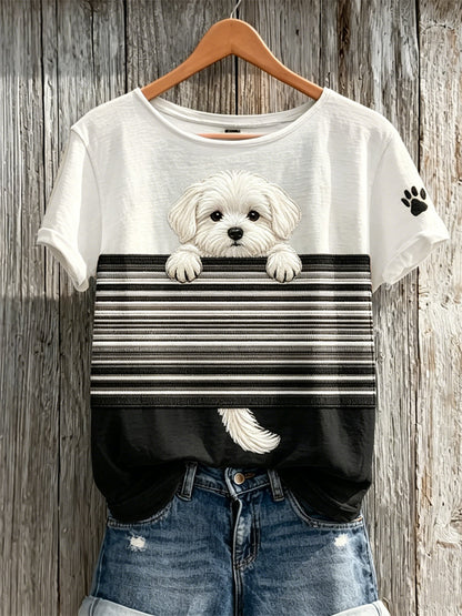 Damen-T-Shirt mit Farbblock-Print und aus dem Ärmel hervorlugendem Malteser-Hund, kurzärmelig