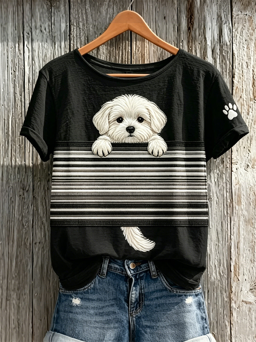 Damen-T-Shirt mit Farbblock-Print und aus dem Ärmel hervorlugendem Malteser-Hund, kurzärmelig