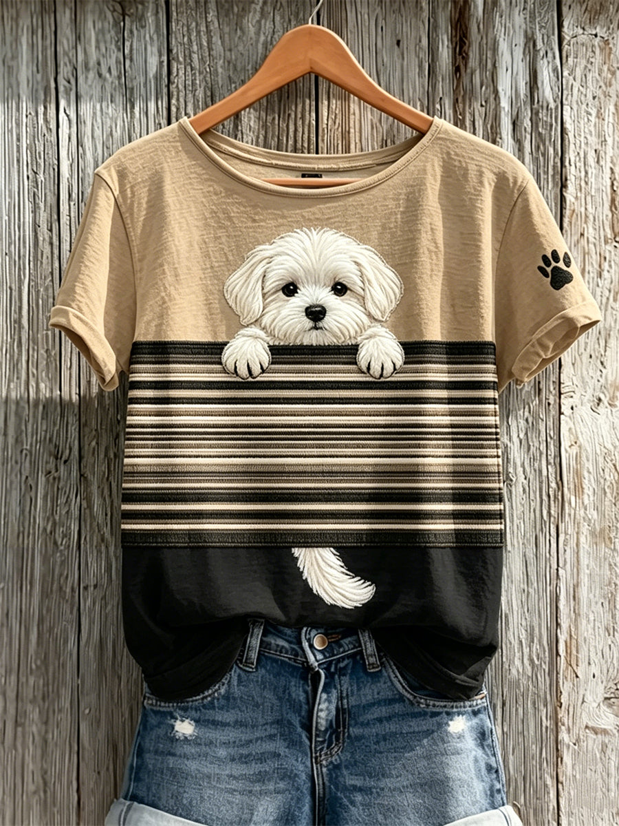 Damen-T-Shirt mit Farbblock-Print und aus dem Ärmel hervorlugendem Malteser-Hund, kurzärmelig