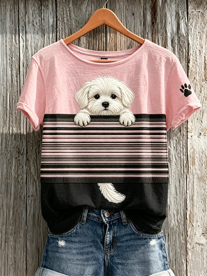 Damen-T-Shirt mit Farbblock-Print und aus dem Ärmel hervorlugendem Malteser-Hund, kurzärmelig