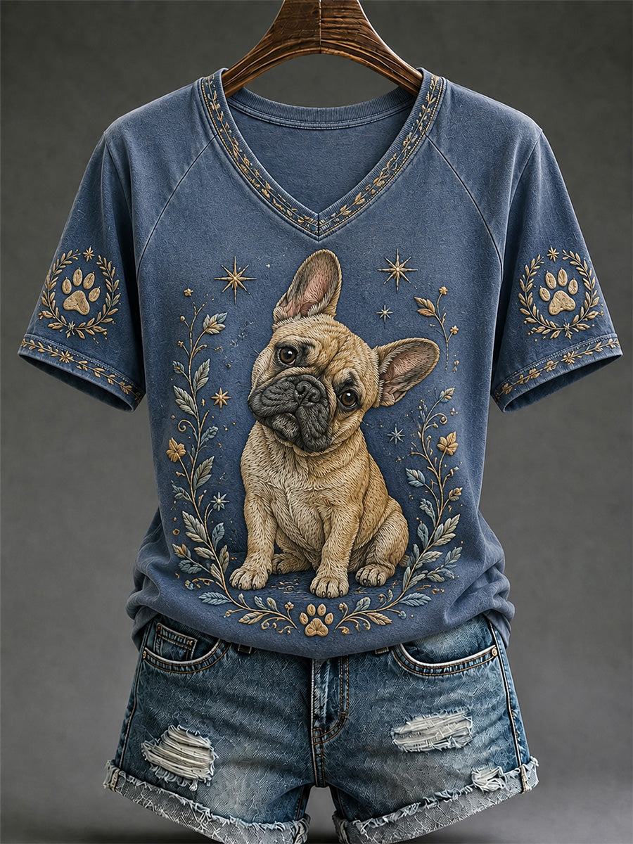 Damen-Retro-T-Shirt mit Hunde-Print und V-Ausschnitt für den Alltag