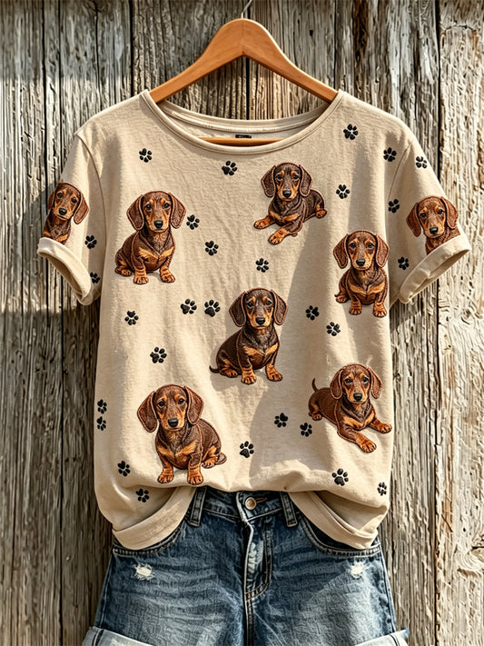 Damen Dackel Hunde & Pfoten Drucke Muster Print Kurzarm T-Shirt