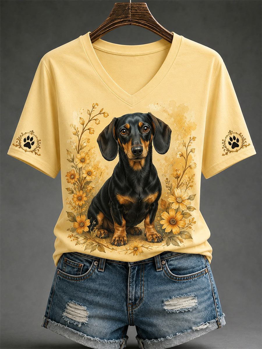 Damen-Retro-T-Shirt mit Hunde-Print und V-Ausschnitt für den Alltag