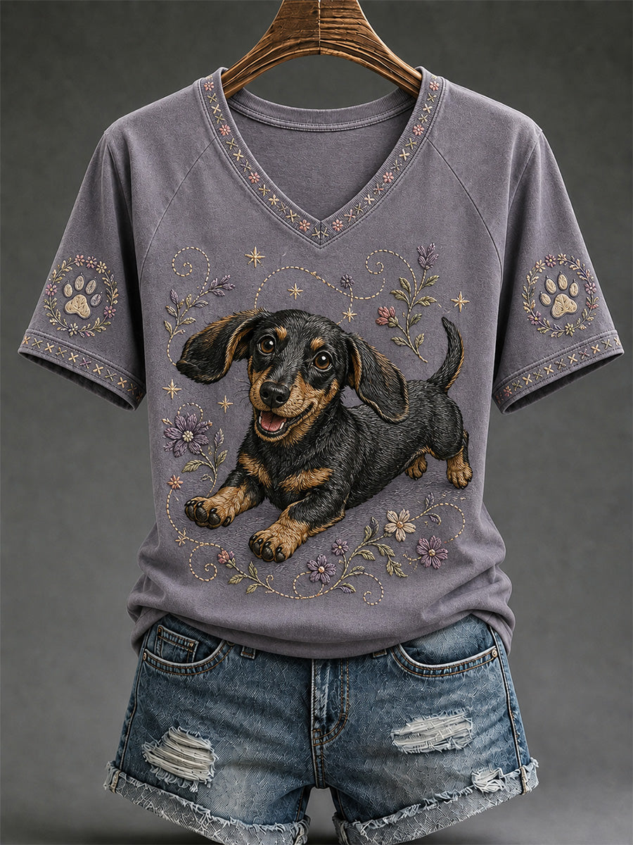 Damen-Retro-T-Shirt mit Hunde-Print und V-Ausschnitt für den Alltag