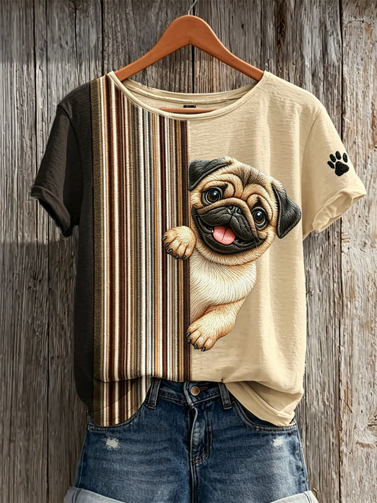 Damen Peeking Mops Hund & Pfote Print Color block Print Kurzarm T-Shirt