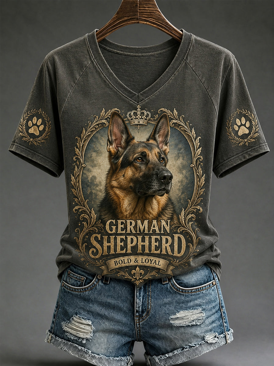 Damen-Retro-T-Shirt mit Hunde-Print und V-Ausschnitt für den Alltag
