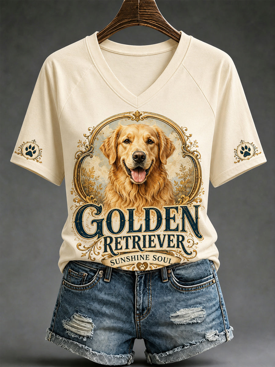 Damen-Retro-T-Shirt mit Hunde-Print und V-Ausschnitt für den Alltag