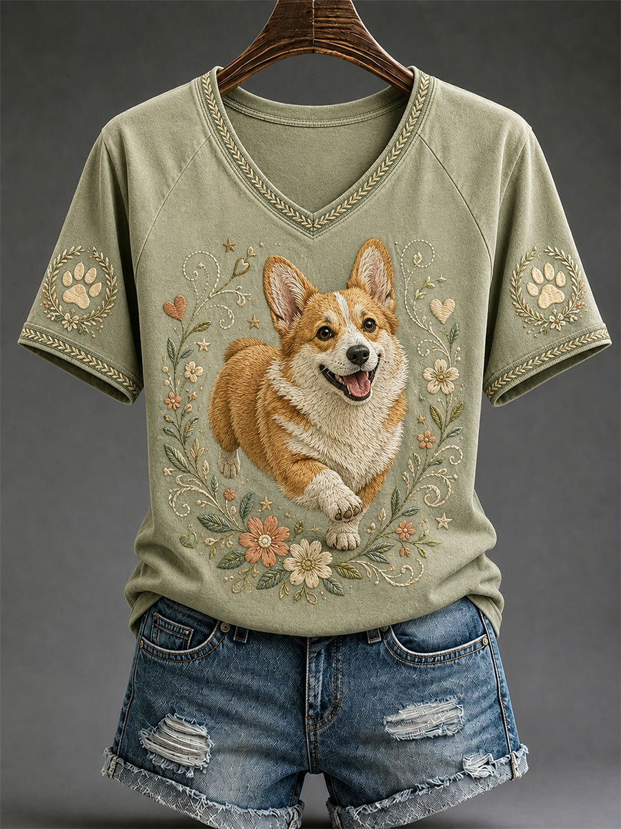 Damen-Retro-T-Shirt mit Hunde-Print und V-Ausschnitt für den Alltag