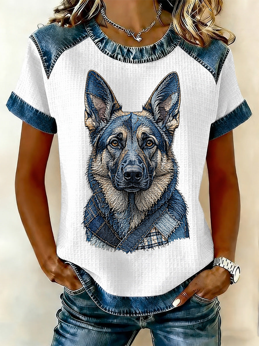 Damen Denim Patchwork Waffel lässiges T-Shirt mit Hunde druck