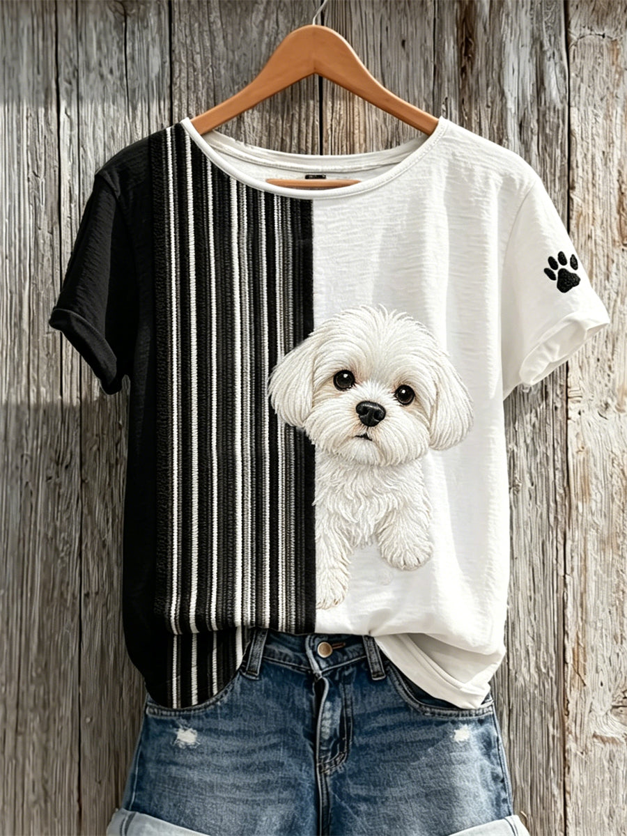 Frauen Peeking Malteser Hund & Pfote Print Color block Print Kurzarm T-Shirt