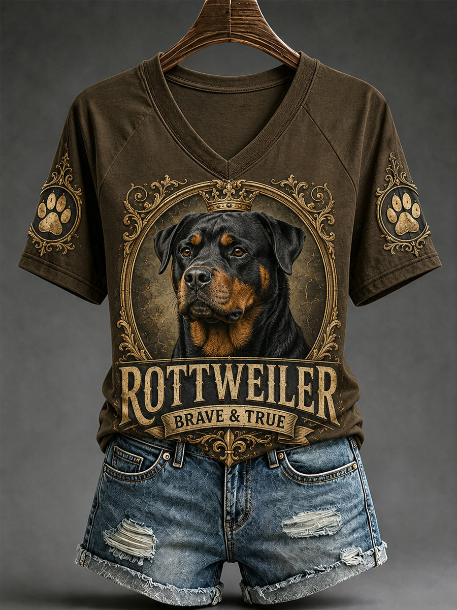 Damen-Retro-T-Shirt mit Hunde-Print und V-Ausschnitt für den Alltag