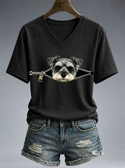 Frauen Lustiges Schnauzer-Print T-Shirt