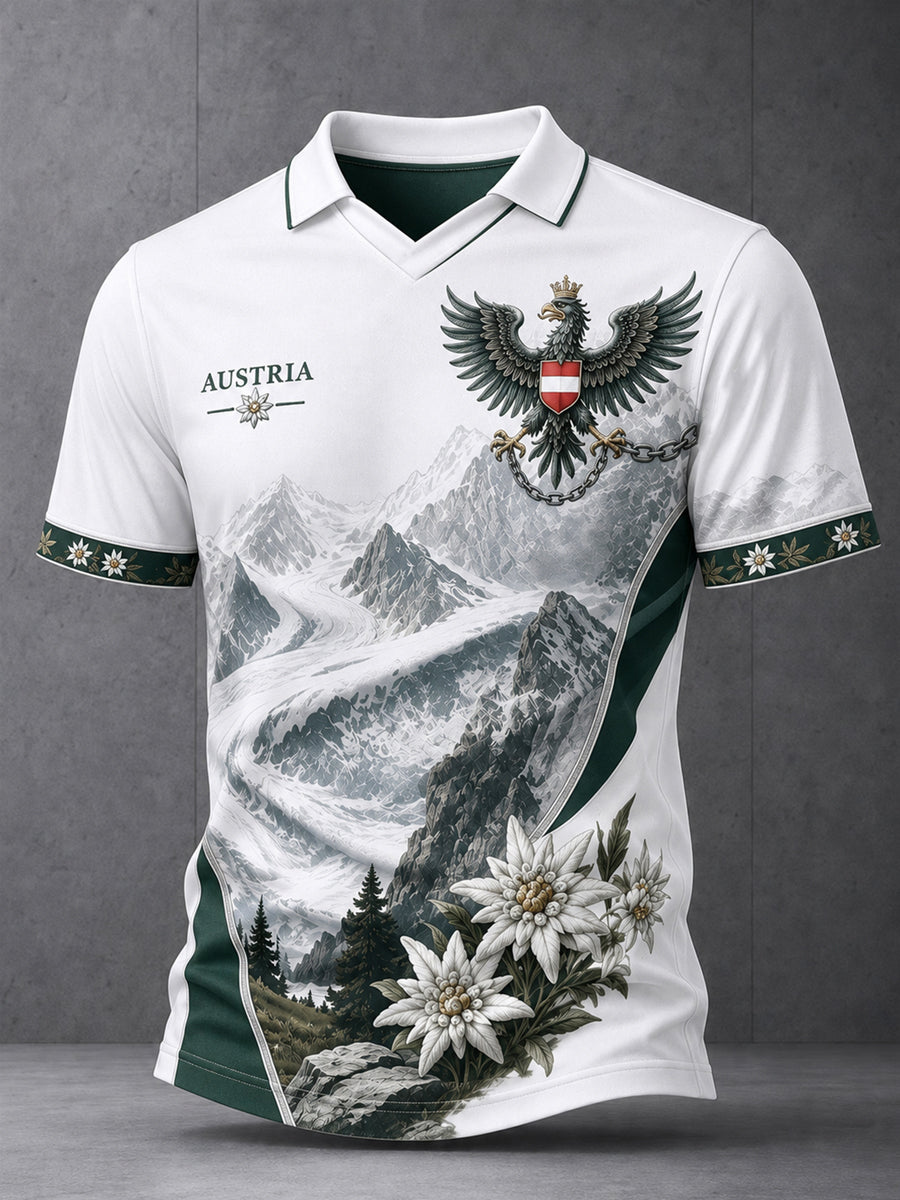 Herren-Polo-Shirt mit künstlerischem Druck von österreich ischen Natur landschafts elementen
