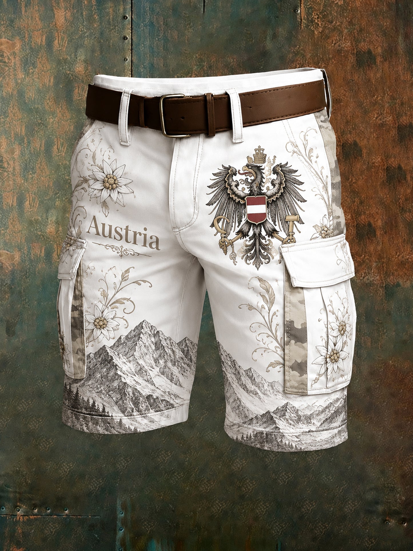 Herren-Shorts mit österreichischem Camouflage-Panels und künstlerischem Print