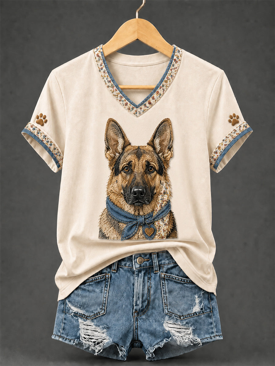 Damen-Retro-Patchwork-T-Shirt mit Hundeprint und V-Ausschnitt