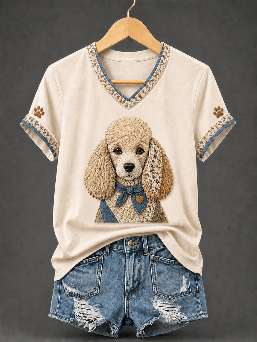 Damen Retro Patchwork Hund Print V-Ausschnitt T-Shirt