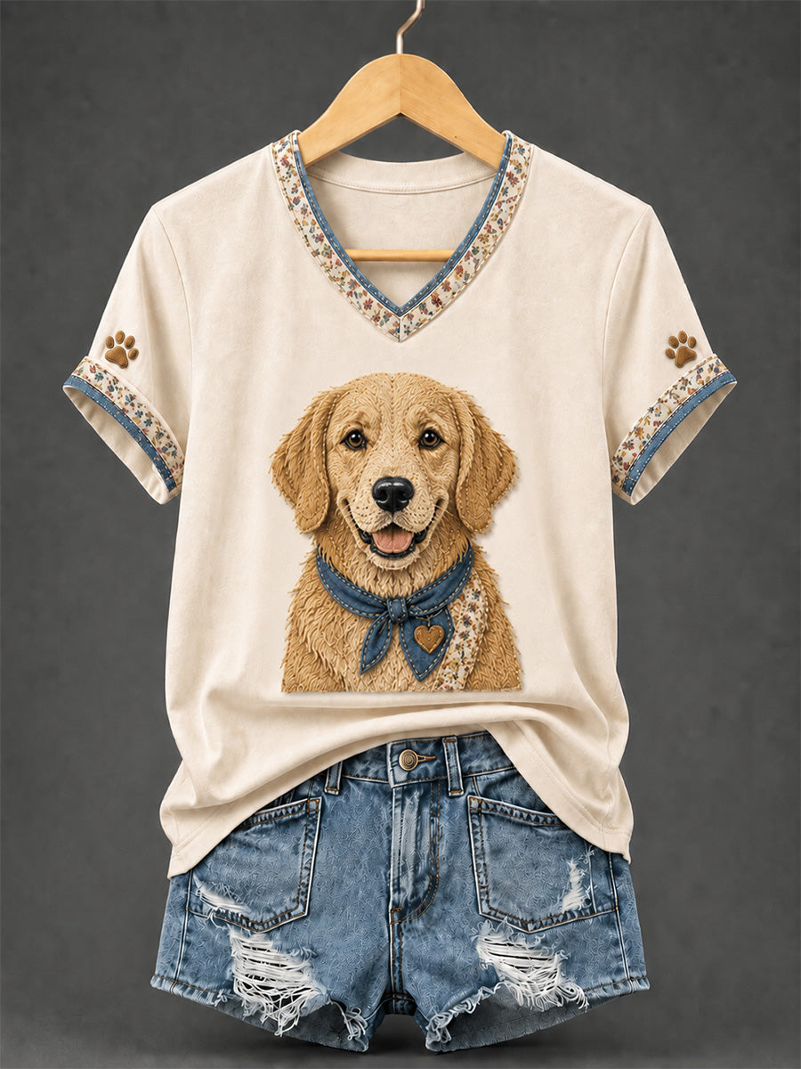 Damen-Retro-Patchwork-T-Shirt mit Hundeprint und V-Ausschnitt